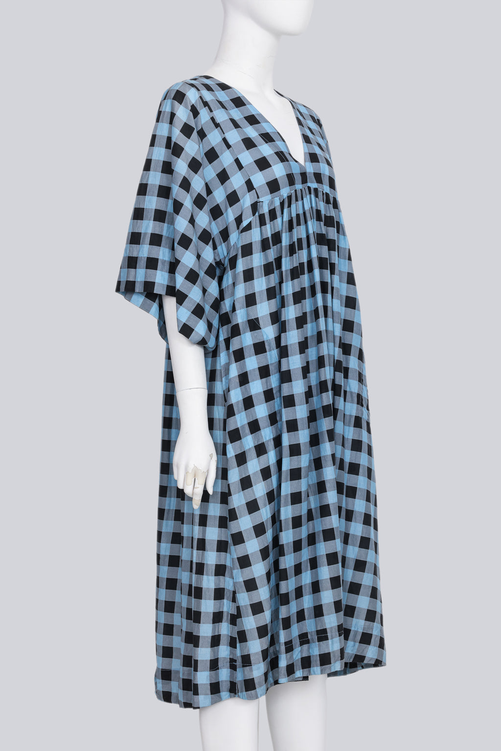 GANNI - A BLACK AND BLUE CHECKERED YOKE DRESS