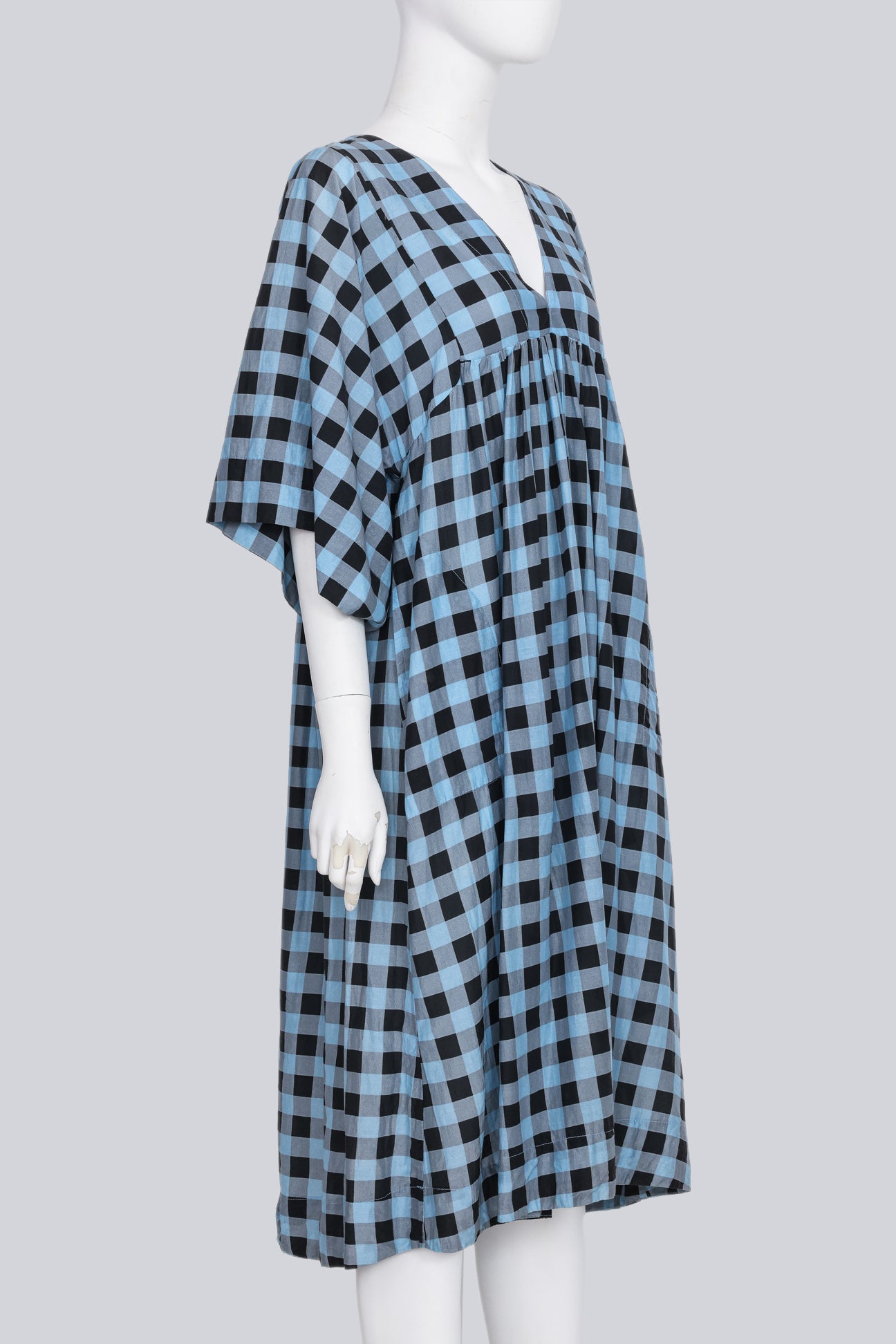 GANNI - A BLACK AND BLUE CHECKERED YOKE DRESS