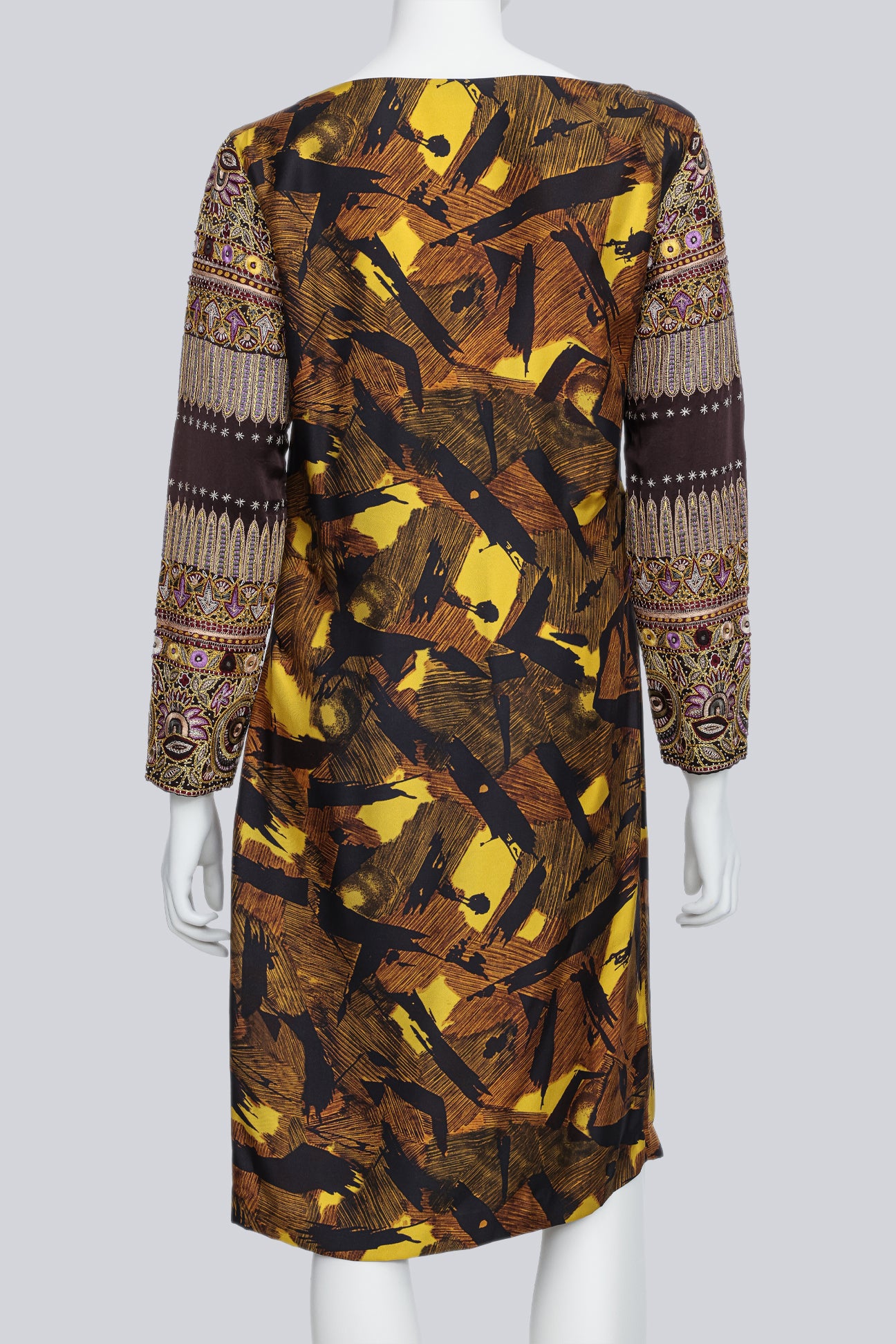 DRIES VAN NOTEN - A LONG SLEEVE ABSTRACT PRINT SILK DRESS WITH EMBROIDERED SLEEVES