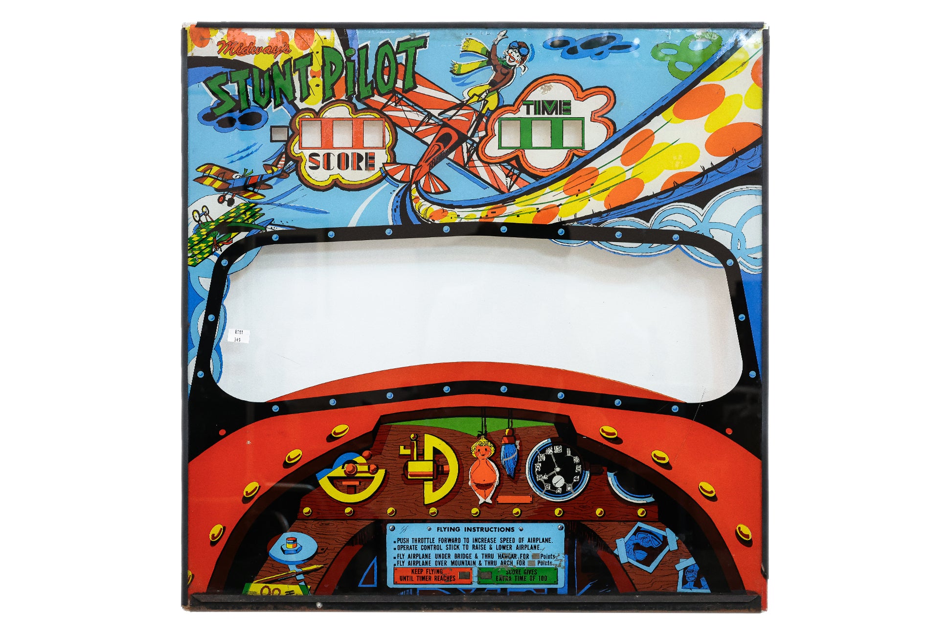 A MIDWAY 'STUNT PILOT' ARCADE MACHINE UPPER GLASS PANEL