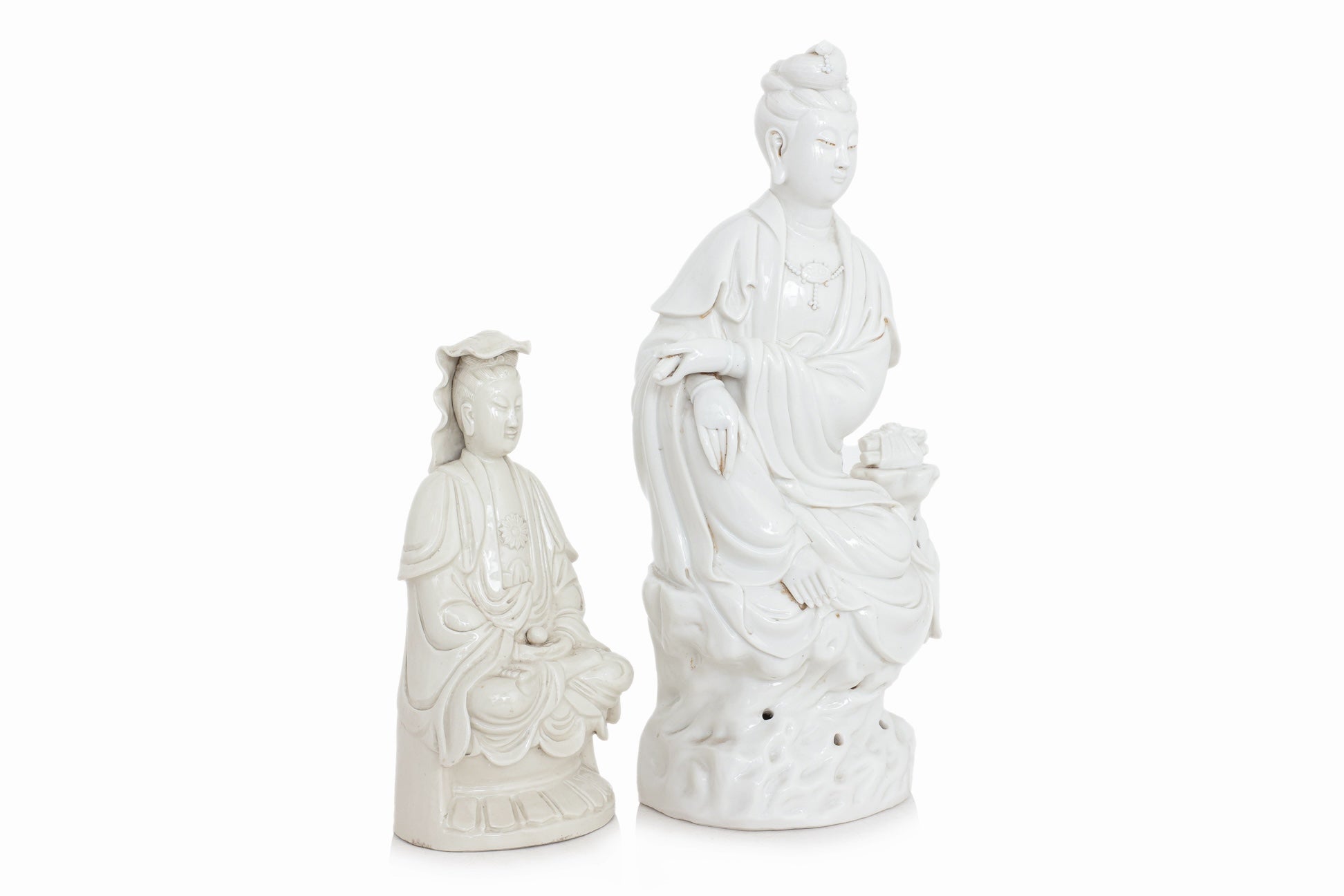 TWO BLANC DE CHINE PORCELAIN FIGURES OF GUANYIN