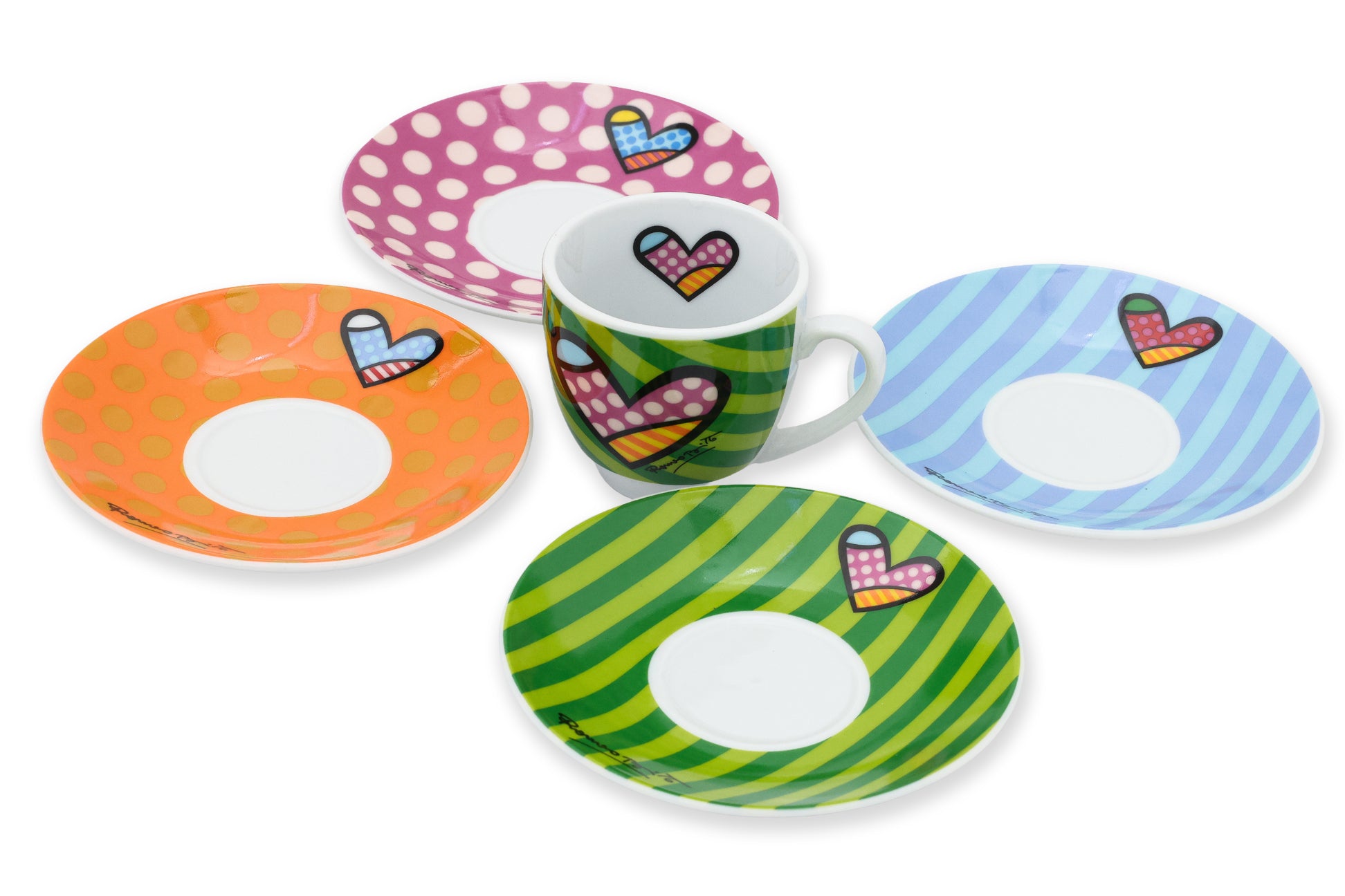 ROMERO BRITTO - A GROUP OF TABLEWARE, A DISNEY FIGURE, AND A PORCELAIN PLAQUE FOR GOEBEL