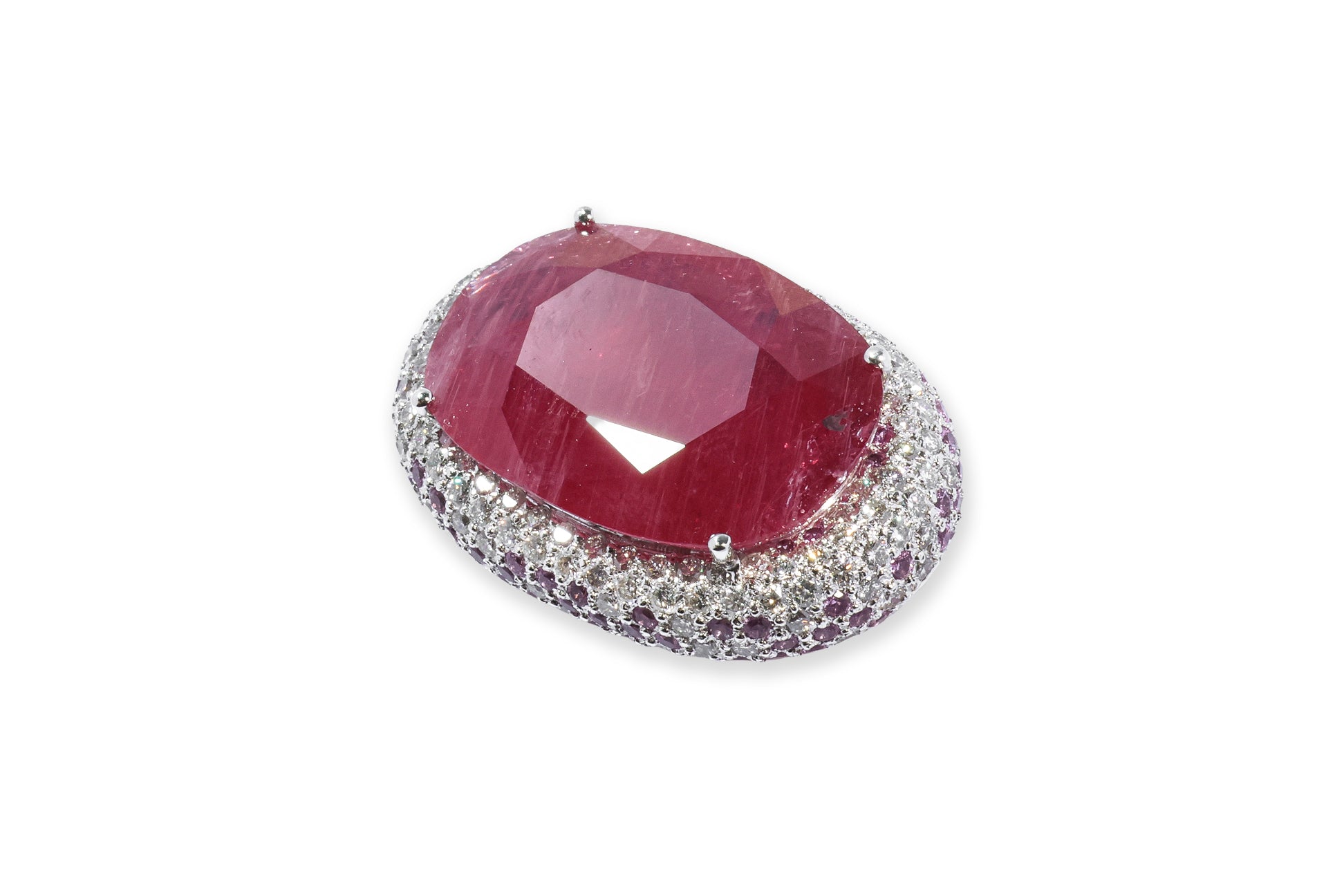 A LEAD GLASS FILLED RUBY, PINK SAPPHIRE AND DIAMOND PENDANT BROOCH