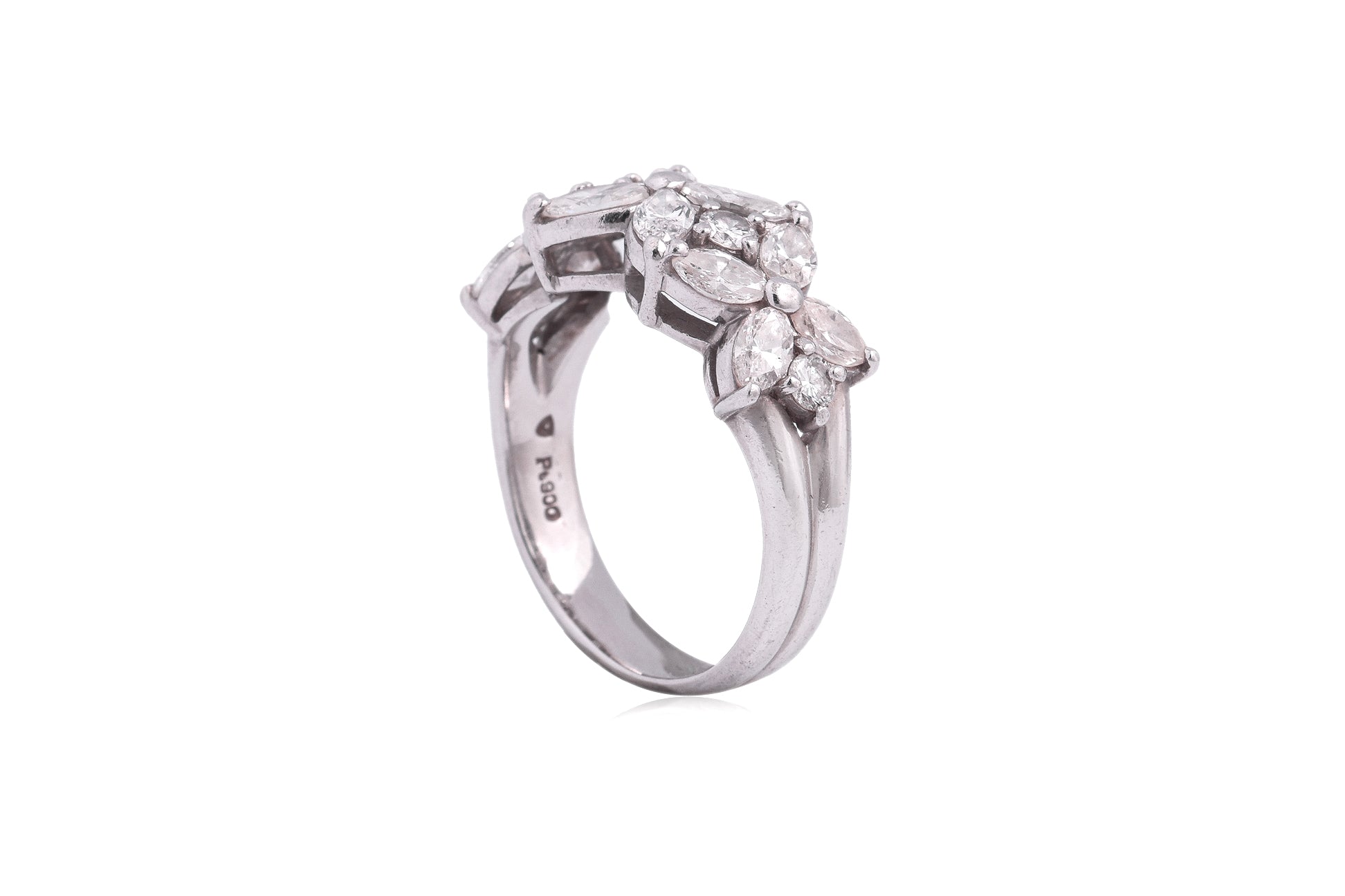 A MARQUISE AND ROUND CUT DIAMOND 'CLUSTER' RING
