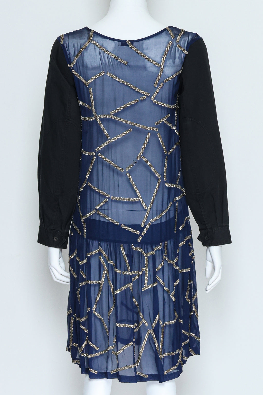 DRIES VAN NOTEN - A NAVY AND BLACK SILVER-BEAD EMBROIDERED DRESS