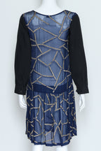 DRIES VAN NOTEN - A NAVY AND BLACK SILVER-BEAD EMBROIDERED DRESS