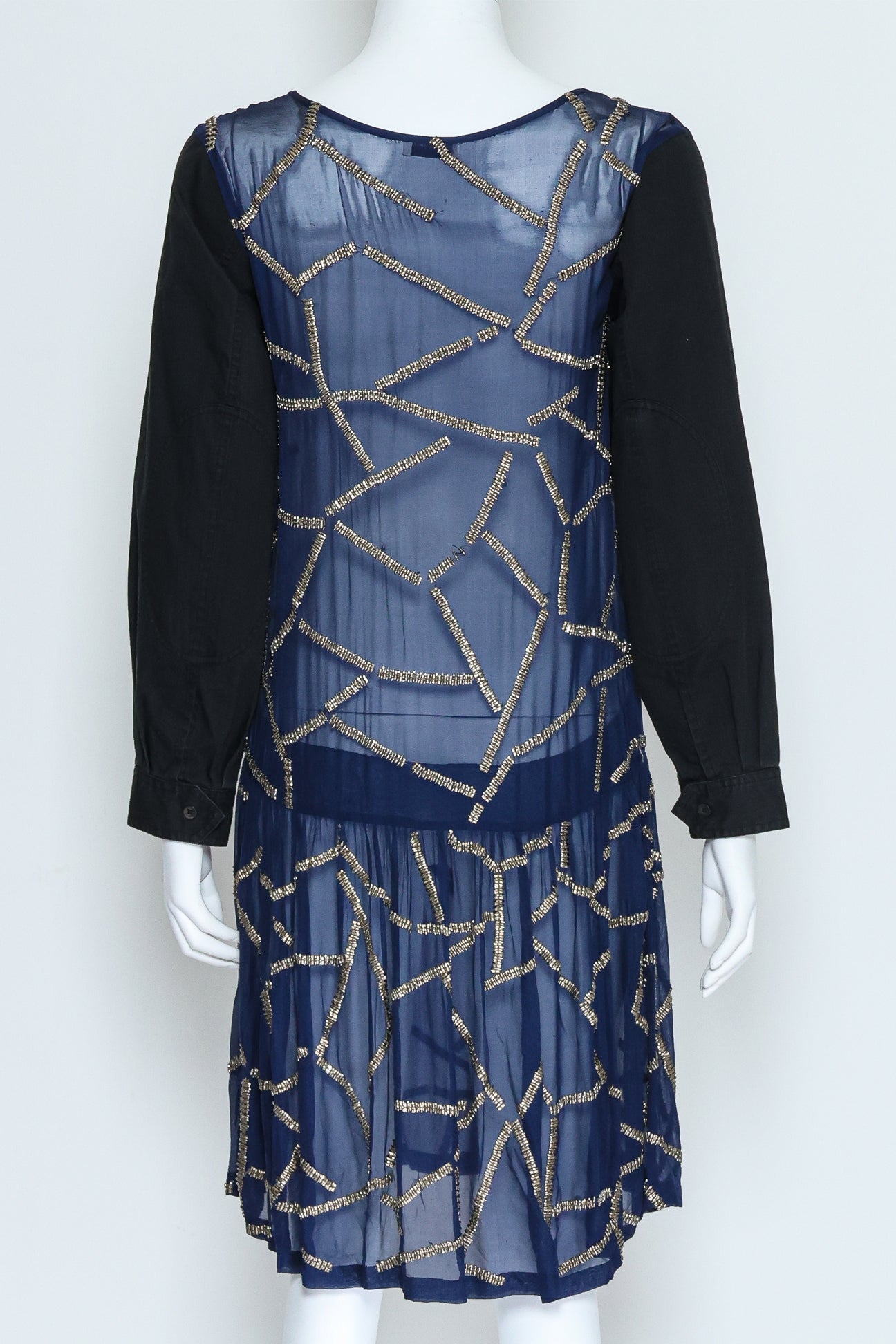 DRIES VAN NOTEN - A NAVY AND BLACK SILVER-BEAD EMBROIDERED DRESS