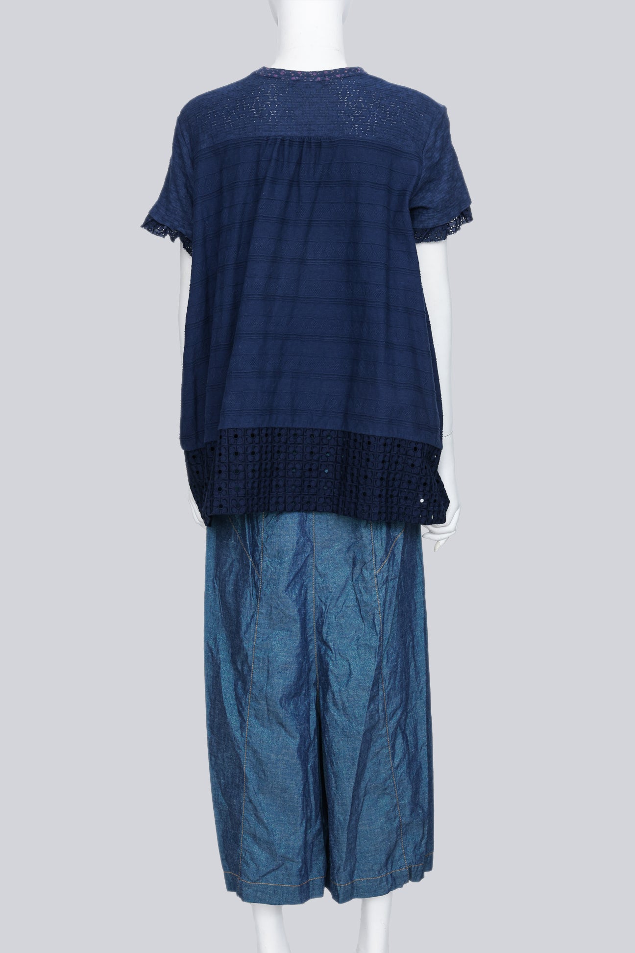 COMME DES GARCONS TRICOT - A 2017 NAVY FLORAL T-SHIRT AND PEARLESCENT DROPCROTCH SHORTS ENSEMBLE