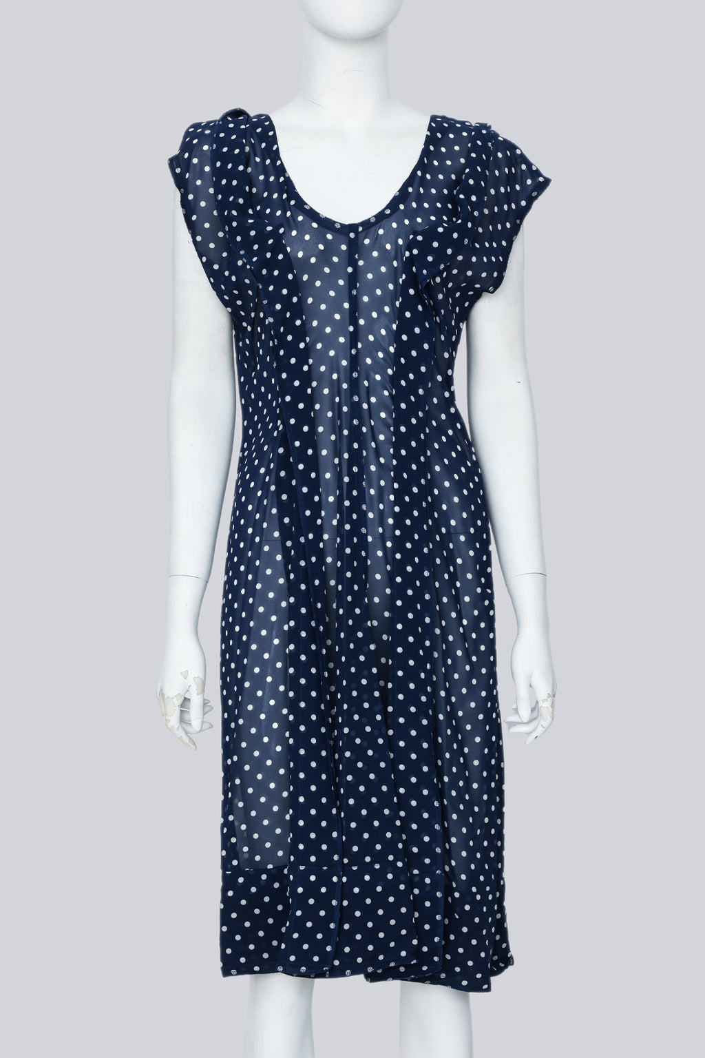 COMME DES GARÇONS - A SHEER NAVY BLUE POLKA DOT RUFFLED DRESS