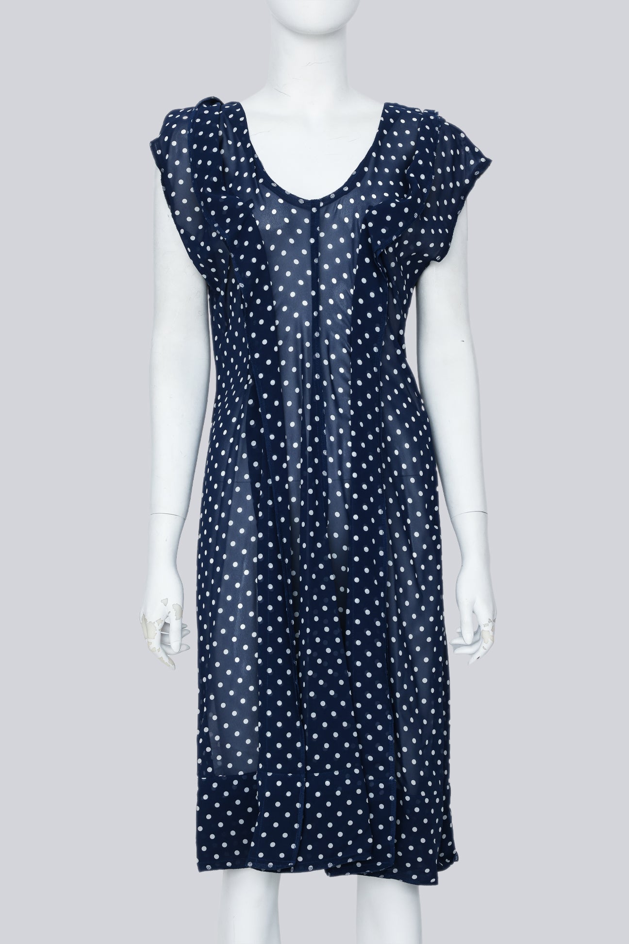 COMME DES GARÇONS - A SHEER NAVY BLUE POLKA DOT RUFFLED DRESS