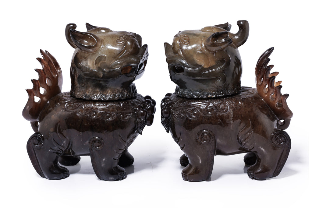 A PAIR OF JADE FOO LION-FORM VESSELS