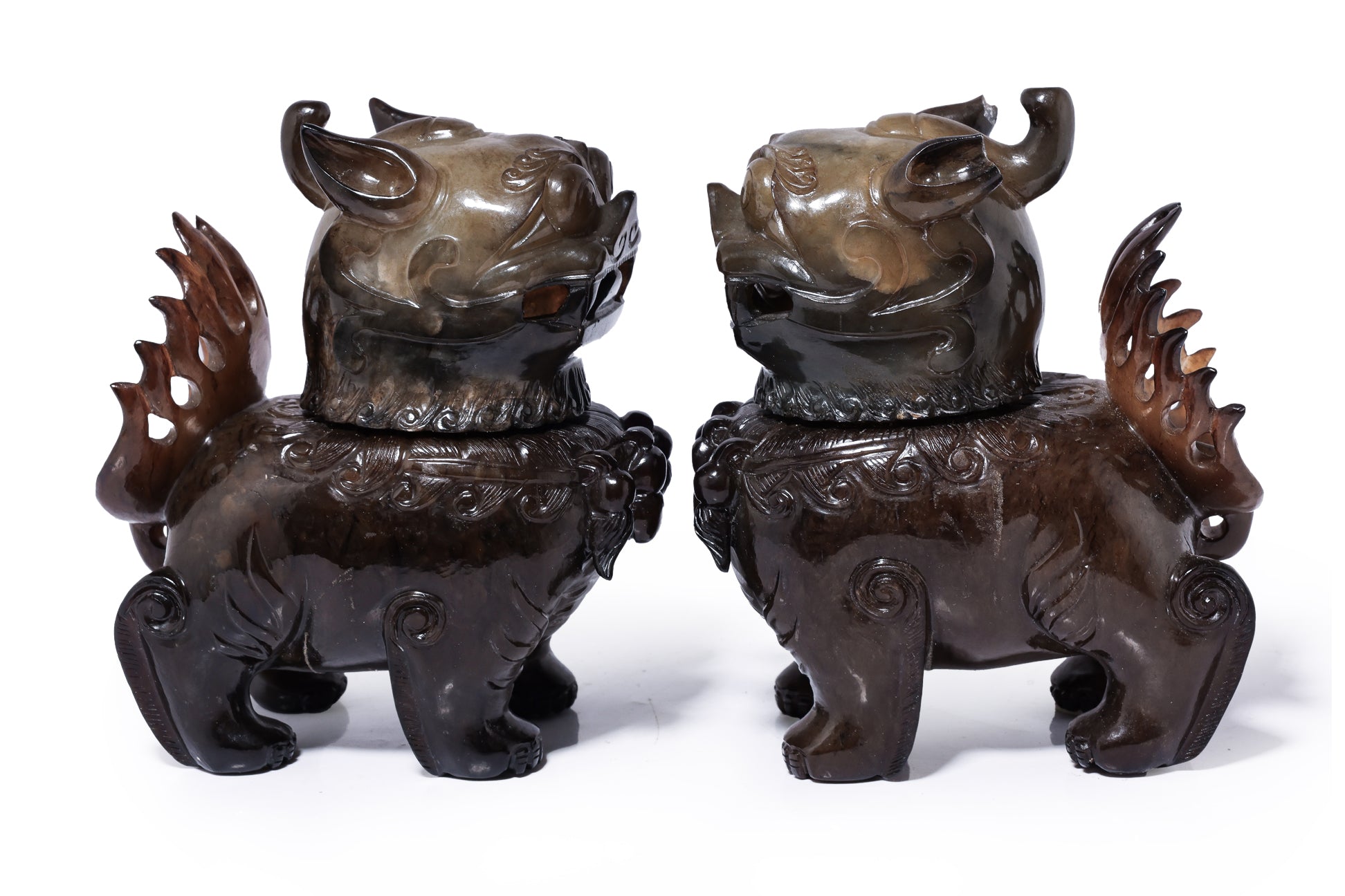 A PAIR OF JADE FOO LION-FORM VESSELS