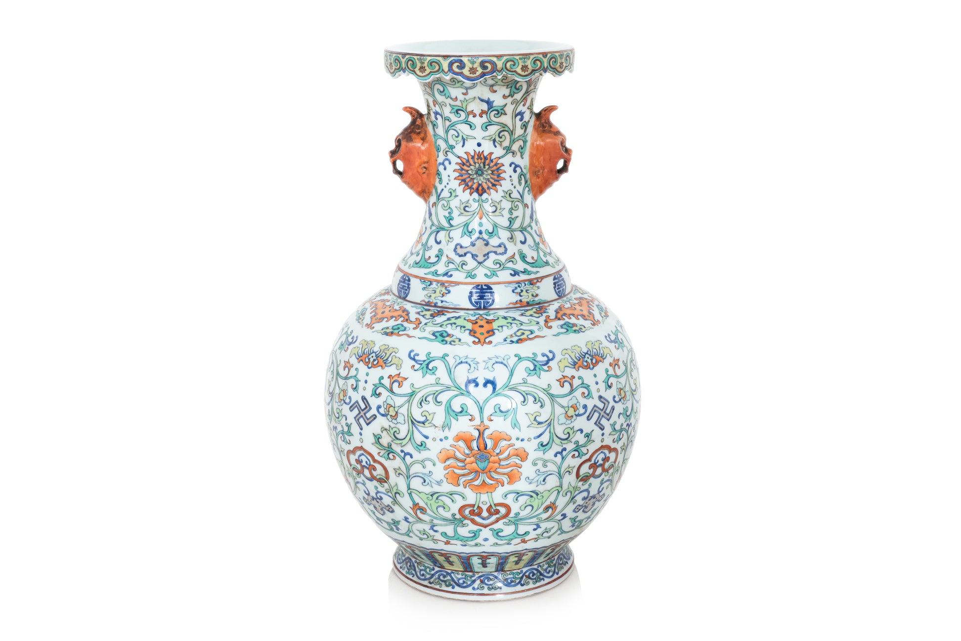 A LARGE DOUCAI VASE WITH MASK HANDLES