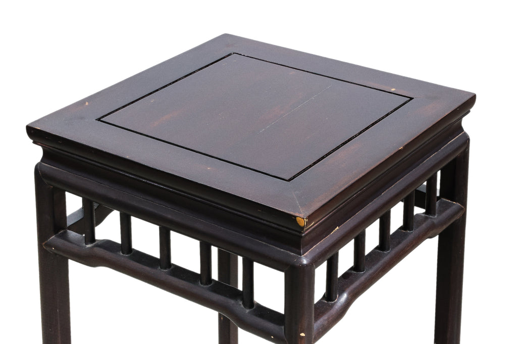 A PAIR OF RAIL BACK HARDWOOD ARMCHAIRS AND SIDE TABLE