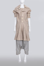 JUNYA WATANABE COMME DES GARCONS - A TAN TRENCHOAT AND STRIPED DROP CROTCH SHORTS ENSEMBLE