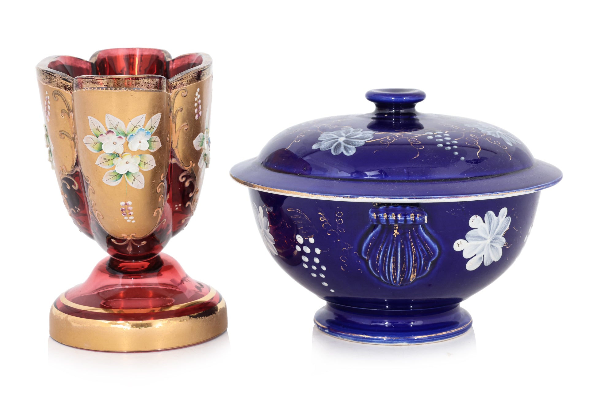 A SARREGUEMINES RICE BOWL AND A BOMEHIAN RUBY GLASS VASE