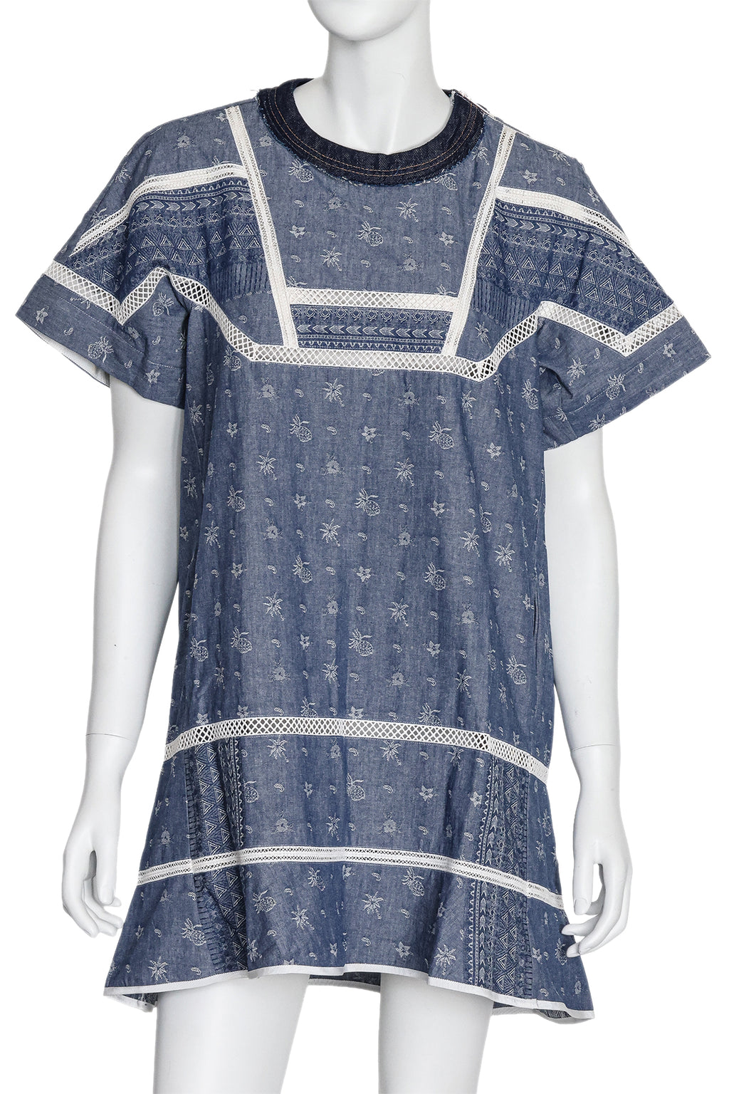 SACAI - A BLUE COTTON AND LINEN DRESS WITH DISTRESSED DENIM COLLAR
