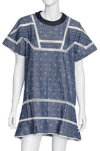 SACAI - A BLUE COTTON AND LINEN DRESS WITH DISTRESSED DENIM COLLAR