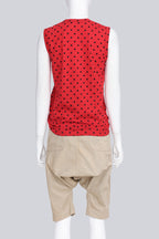 COMME DES GARCONS - A 2011 RED POLKA DOT SLEEVELESS SHIRT AND TAN DROP CROTCH CULOTTES ENSEMBLE