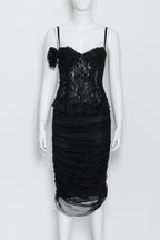 VIVIENNE TAM - A BLACK LACE AND TULLE EVENING DRESS WITH LACE FLORAL MOTIF TO BODICE
