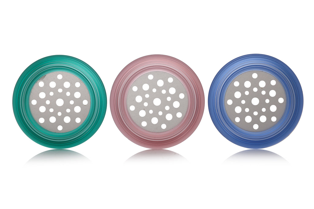 A GROUP OF THREE IVV GLASS JARS WITH COLOURED LIDS