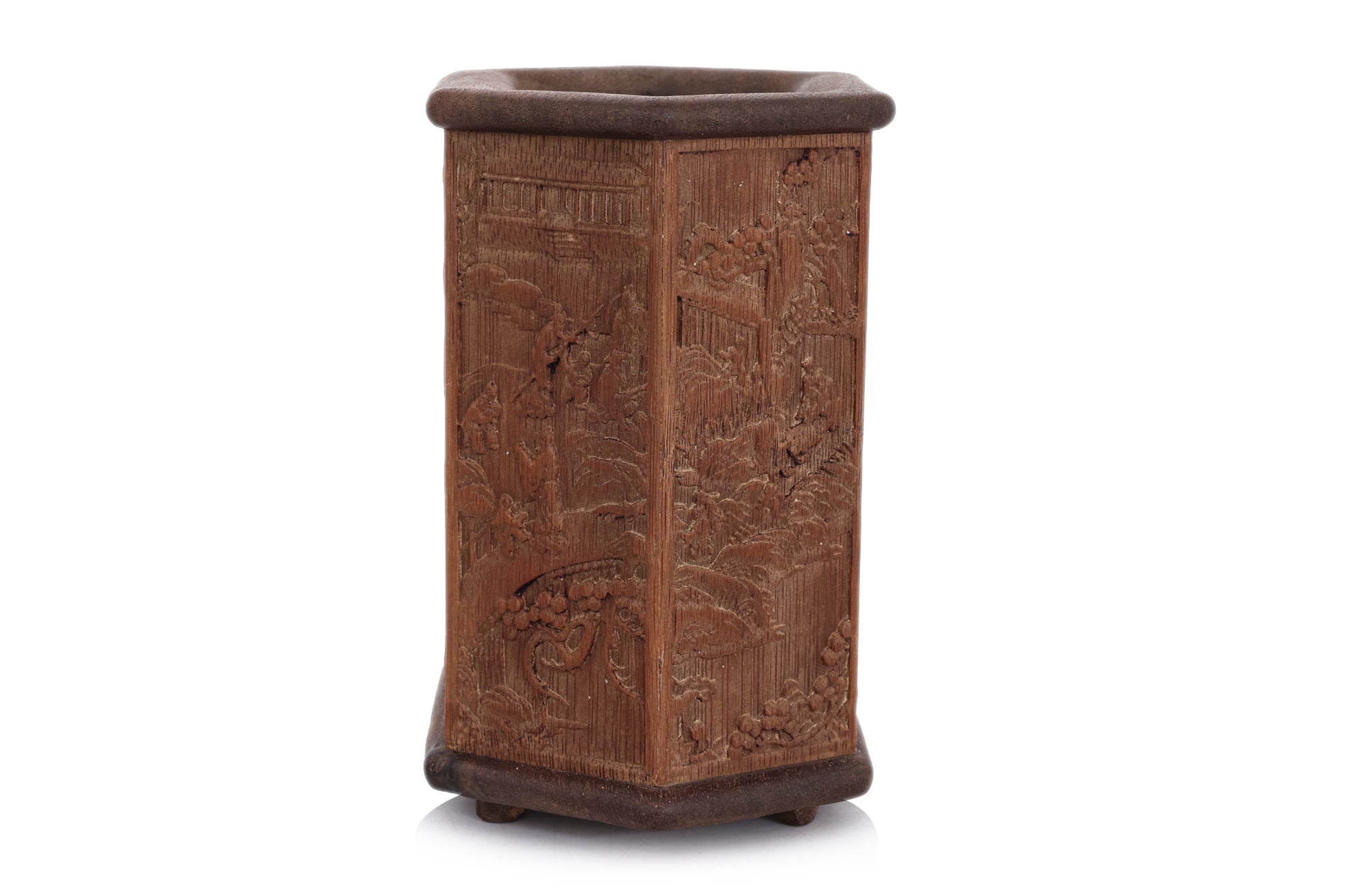 A HEXAGONAL BAMBOO AND HARDWOOD BRUSHPOT