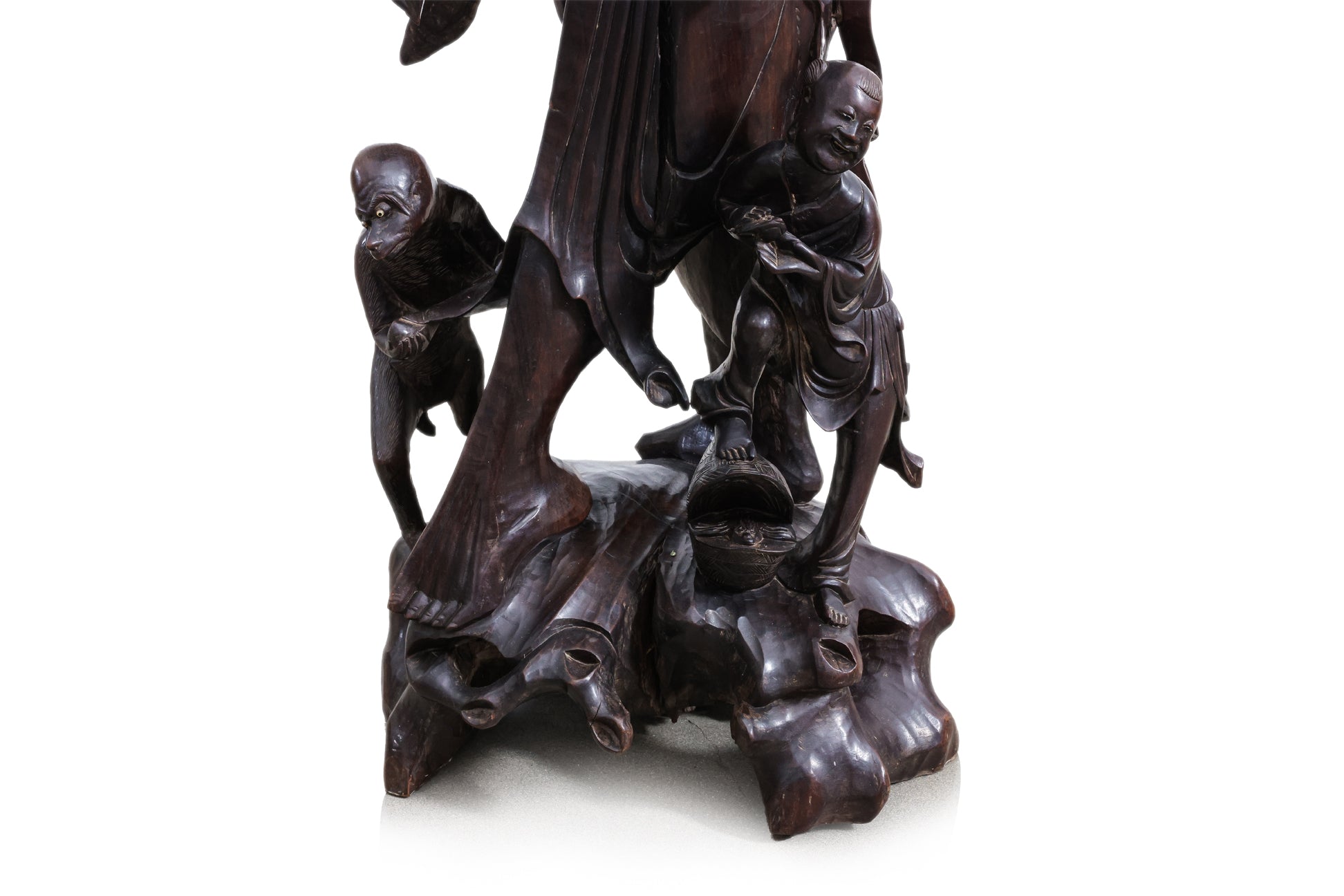 A VERY LARGE CHINESE CARVED HARDWOOD FIGURAL FLOOR LAMP