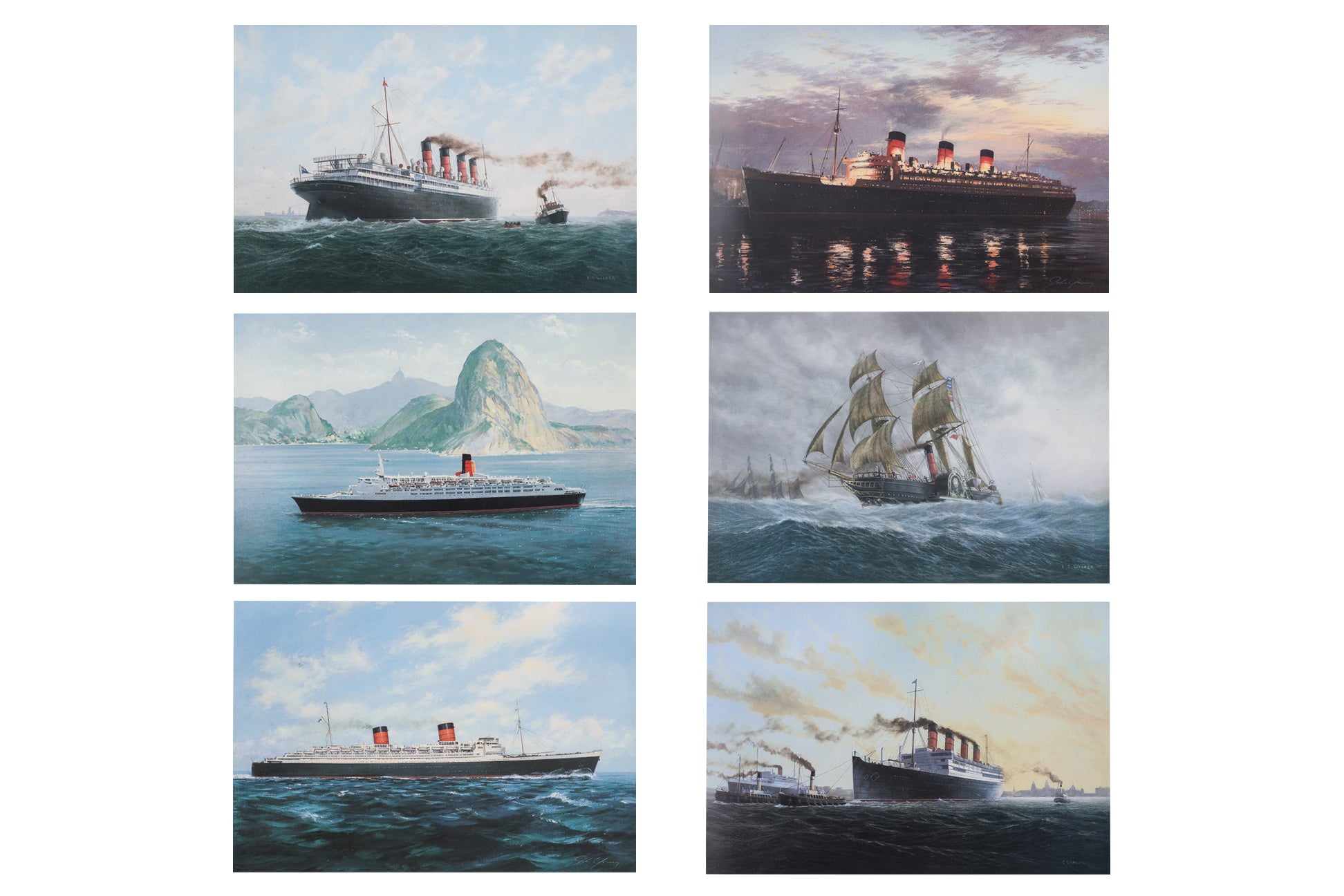 A SET OF SIX MARITIME PRINTS OF FAMOUS CUNARD OCEAN LINERS