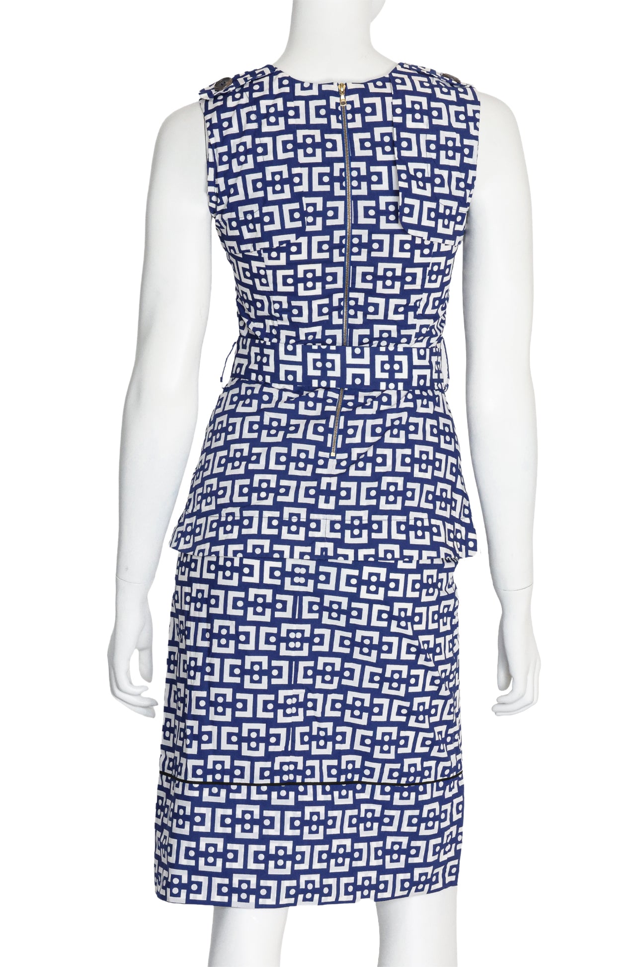 MARNI - A BLUE AND WHITE GEOMETRIC BELTED TOP AND SKIRT SET, SUMMER EDITION 2013