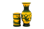 A YELLOW AND GREEN OVERLAY PEKING GLASS VASE AND BRUSH POT