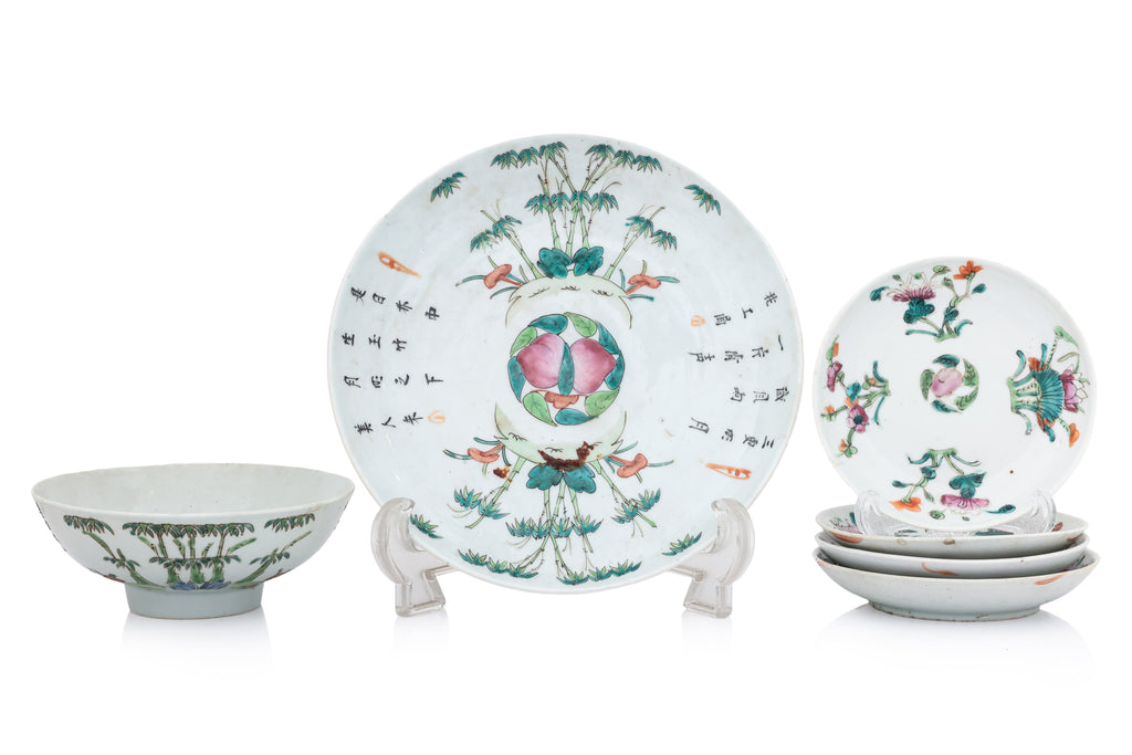 A GROUP OF FAMILLE ROSE PEACH DECORATED BOWLS AND DISHES