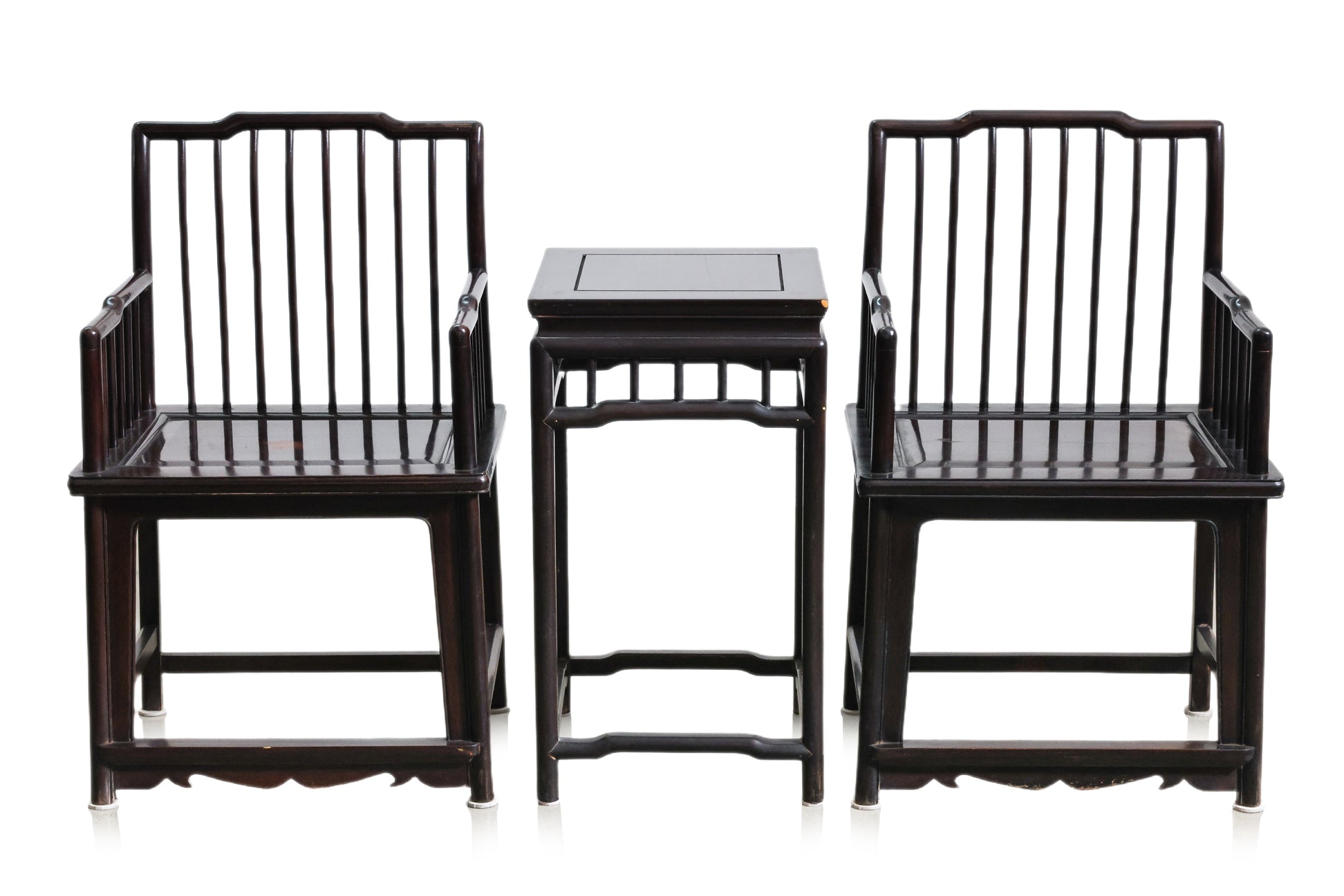 A PAIR OF RAIL BACK HARDWOOD ARMCHAIRS AND SIDE TABLE