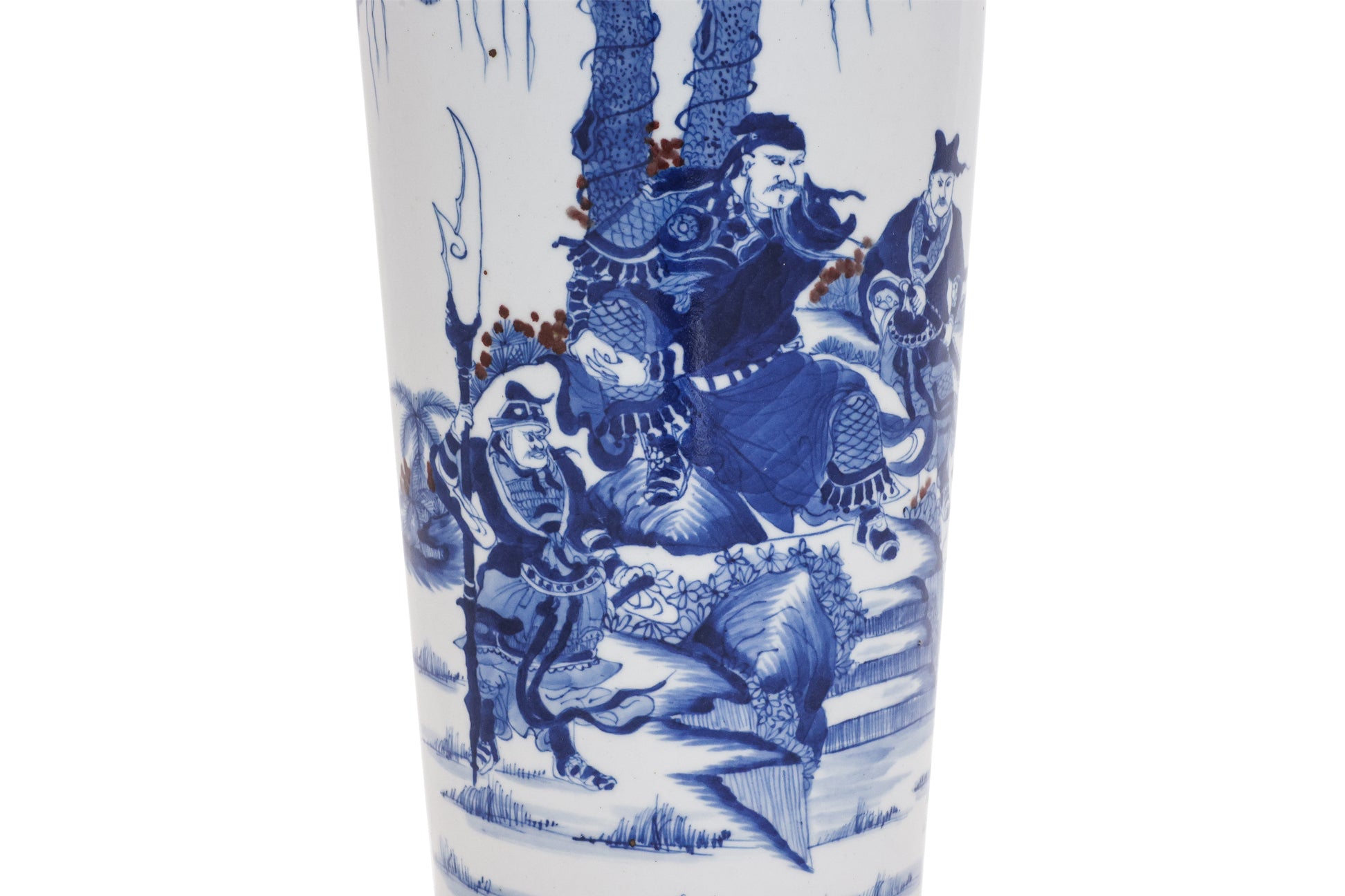 A LARGE 'THREE KINGDOMS' SUBJECT BLUE AND WHITE PORCELAIN ROULEAU VASE