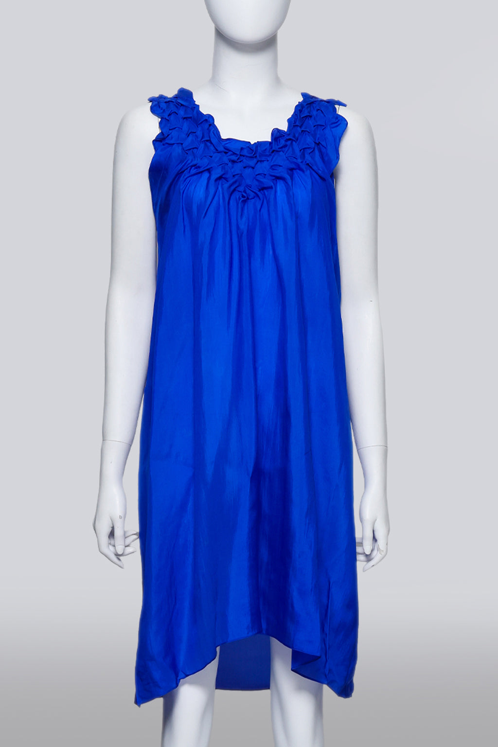 AKIRA – A COBALT BLUE SILK DRESS WITH RUFFLED NECKLINE