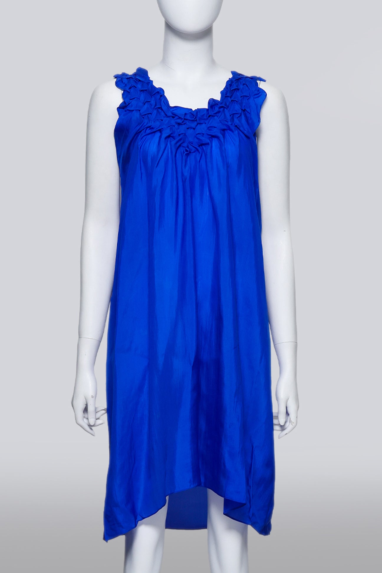 AKIRA – A COBALT BLUE SILK DRESS WITH RUFFLED NECKLINE