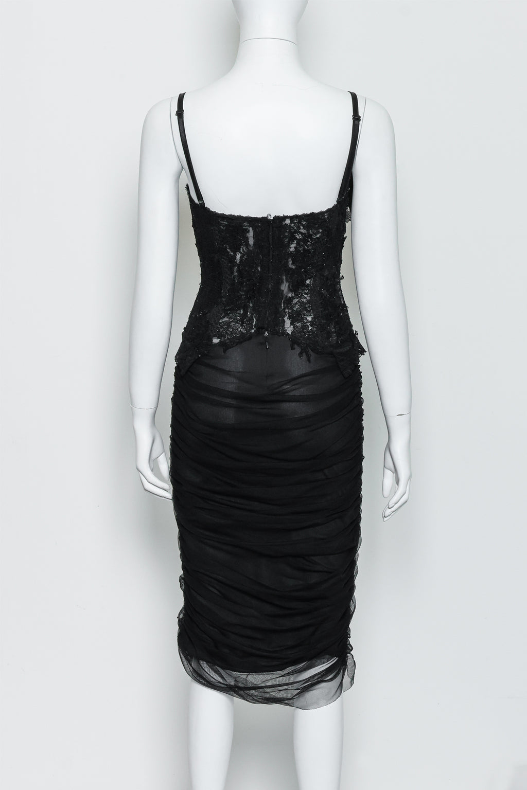 VIVIENNE TAM - A BLACK LACE AND TULLE EVENING DRESS WITH LACE FLORAL MOTIF TO BODICE
