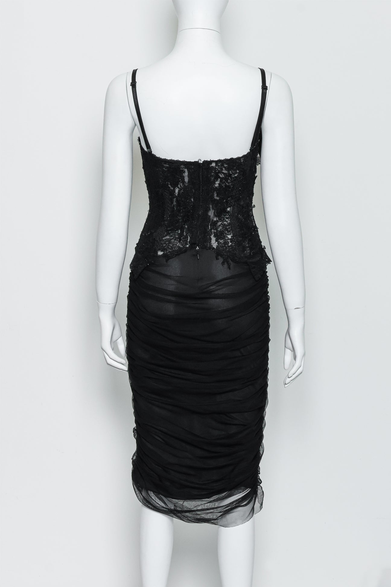 VIVIENNE TAM - A BLACK LACE AND TULLE EVENING DRESS WITH LACE FLORAL MOTIF TO BODICE