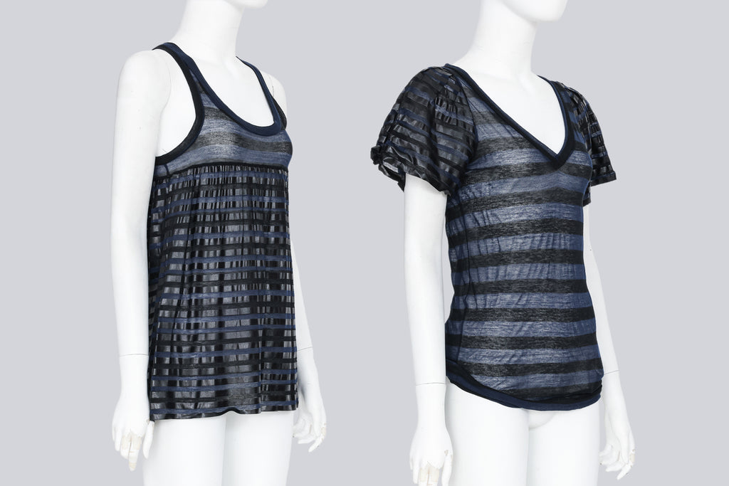 SACAI - A PAIR OF 2008 SHEER NAVY AND BLACK STRIPED TOPS WITH TENCEL ACCENTS