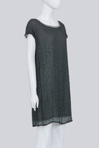 SACAI - A GREEN AND GREY SILK-COTTON DRESS WITH BEADED SQUARE MOTIF