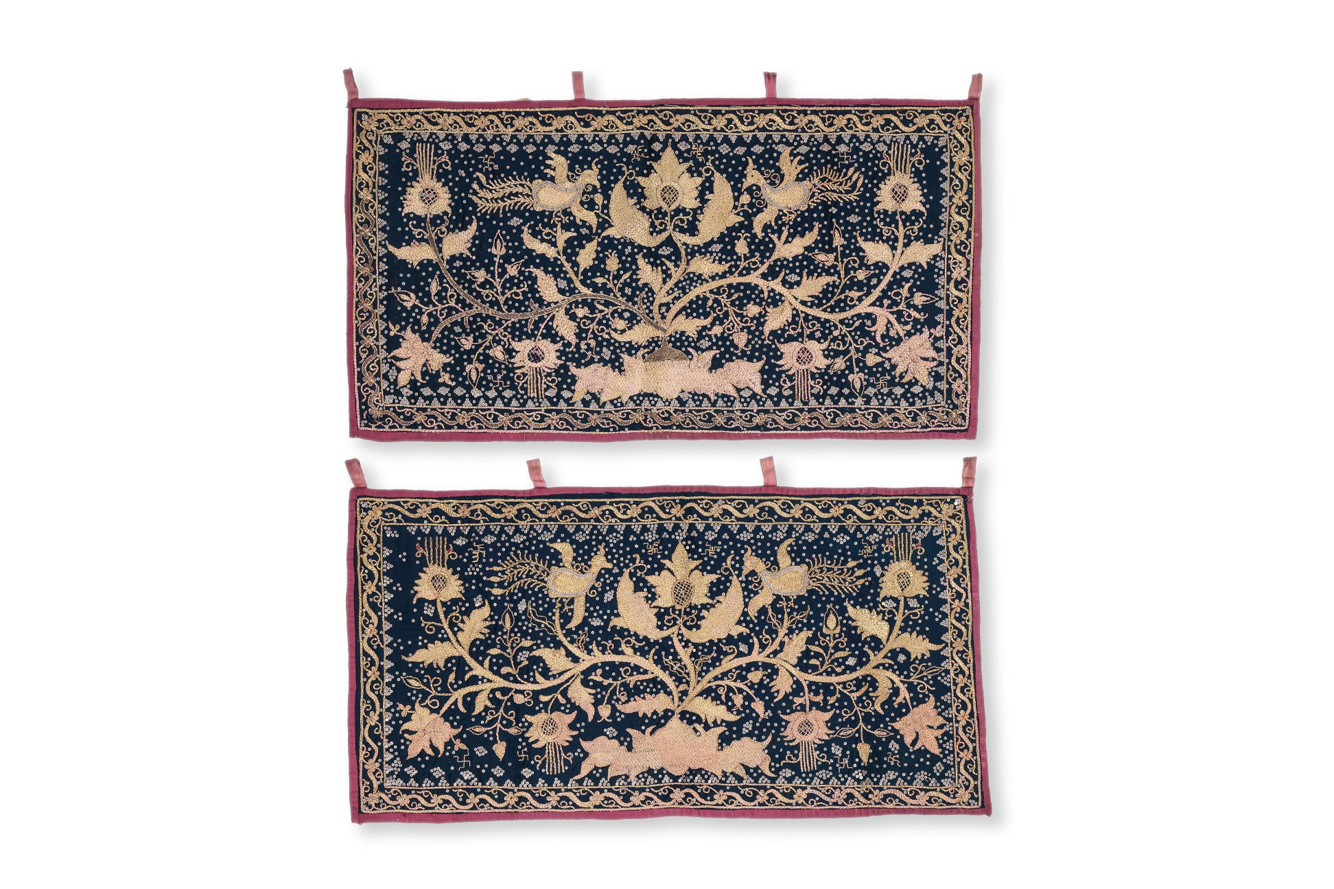 A PAIR OF GOLDWORK EMBROIDERED SILK PHOENIX AND PEONY PANELS