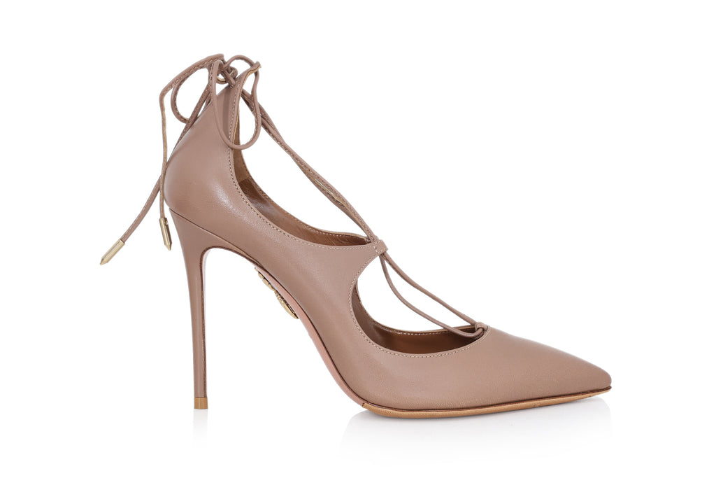 AQUAZURRA CHRISTY - A PAIR OF BROWN LEATHER LACE-UP HEELS