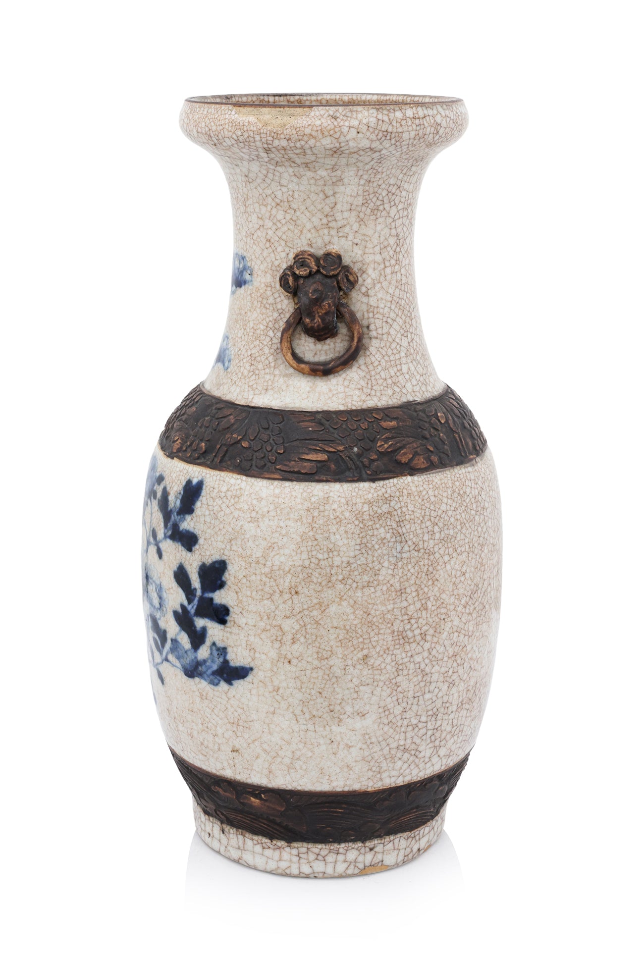 A LARGE NANKING BLUE AND WHITE BIRD AND FLOWER DECORATED VASE