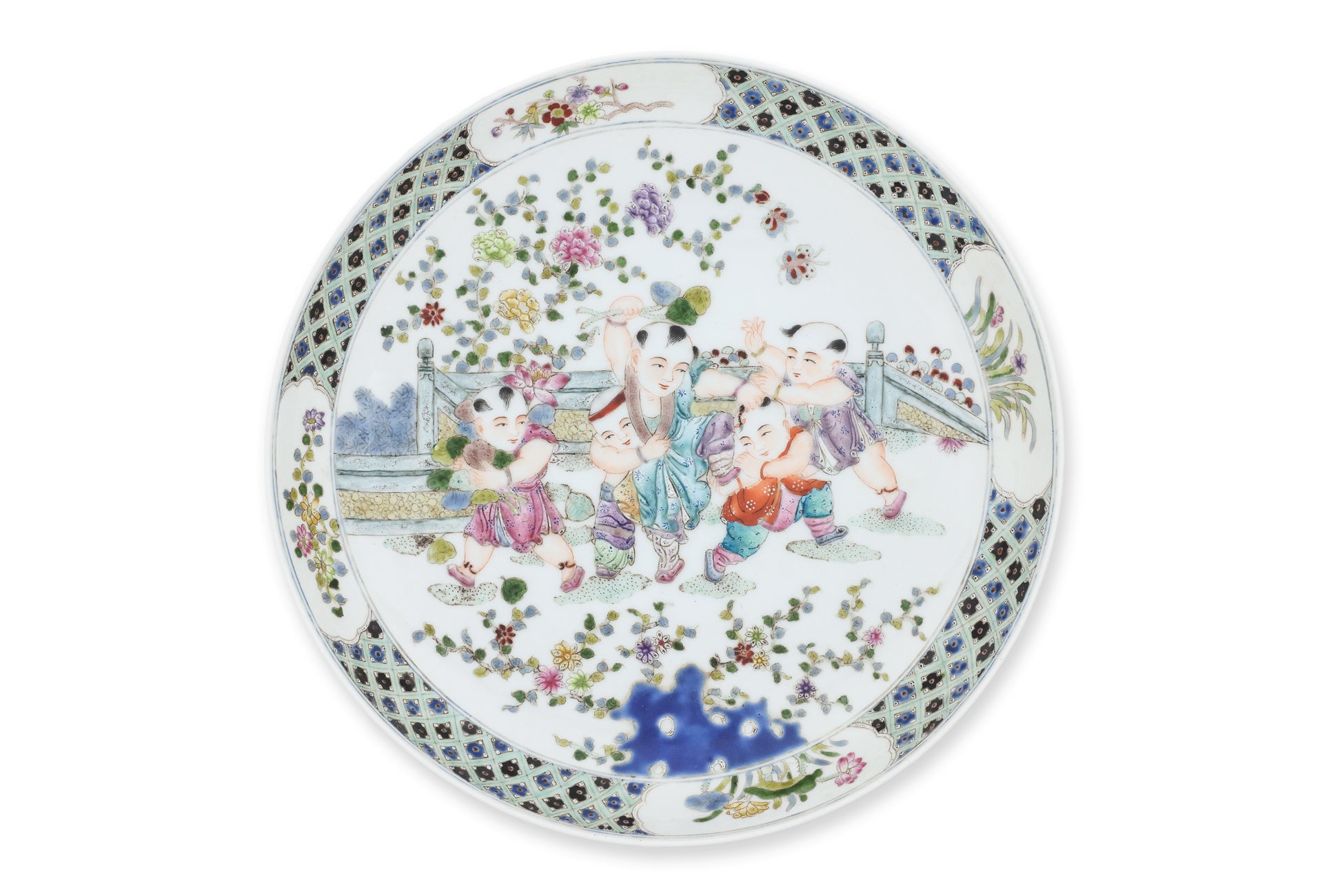 A PAIR OF FAMILLE ROSE 'BOYS' DISHES