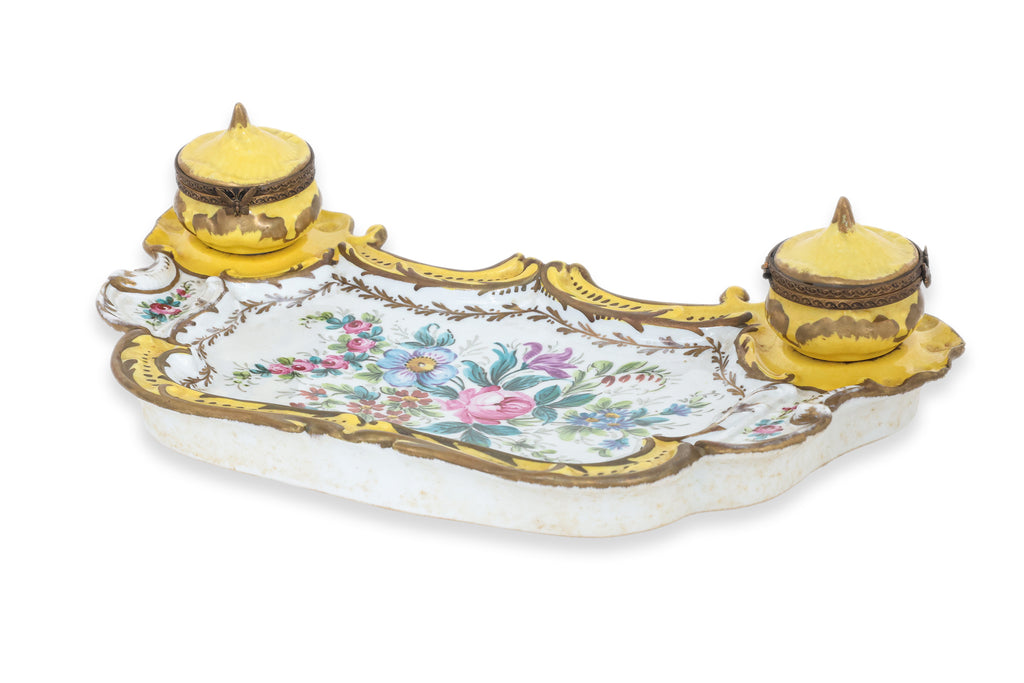 A SEVRES STYLE YELLOW GROUND PORCELAIN INK STAND