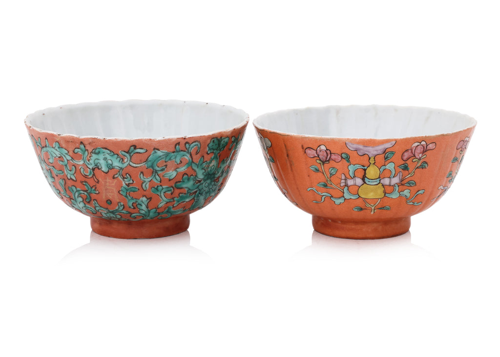 TWO FAMILLE ROSE CORAL GROUND 'SHOU' BOWLS