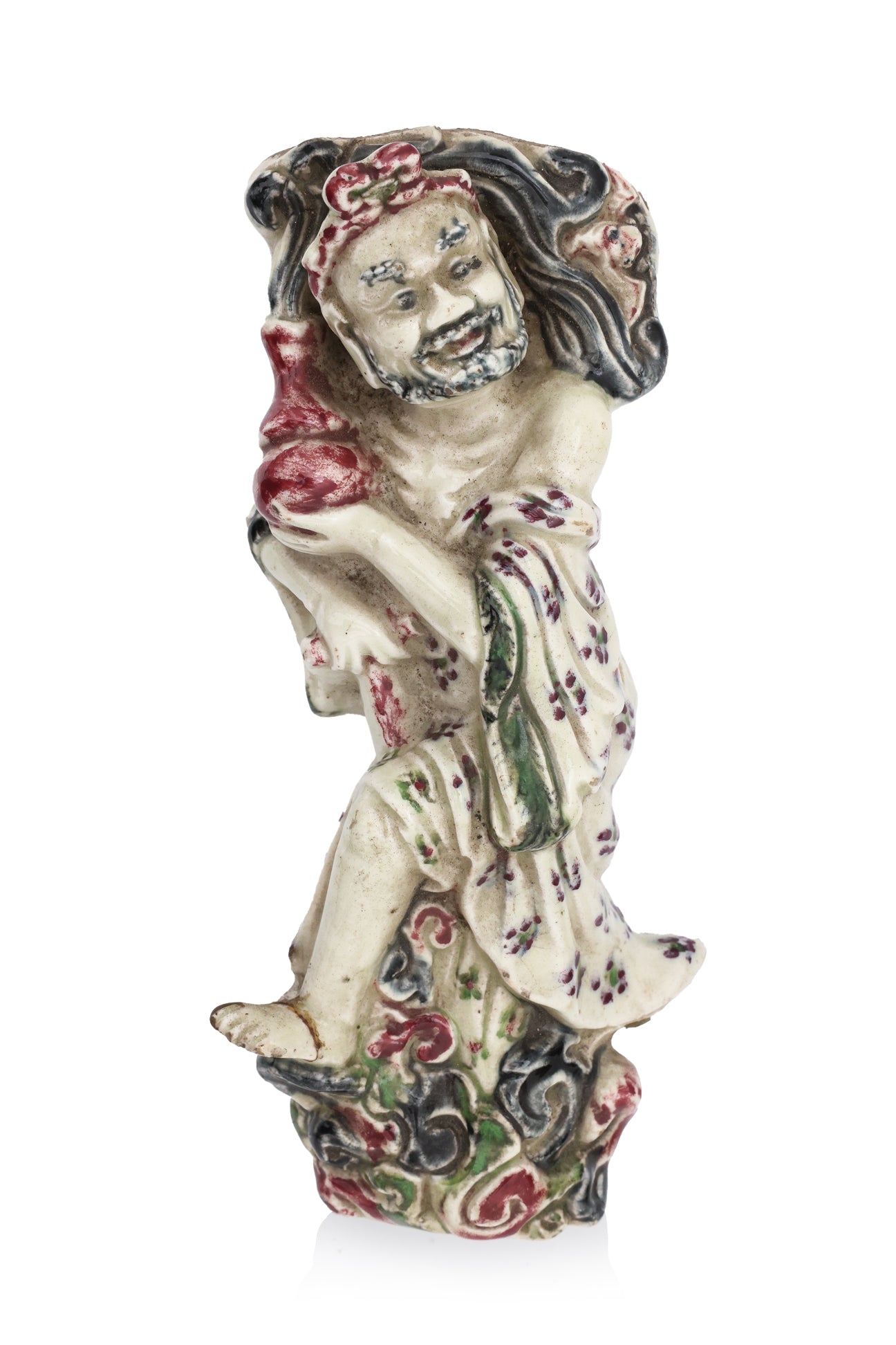 TWO PORCELAIN FIGURES AND A FIGURAL WALL POCKET