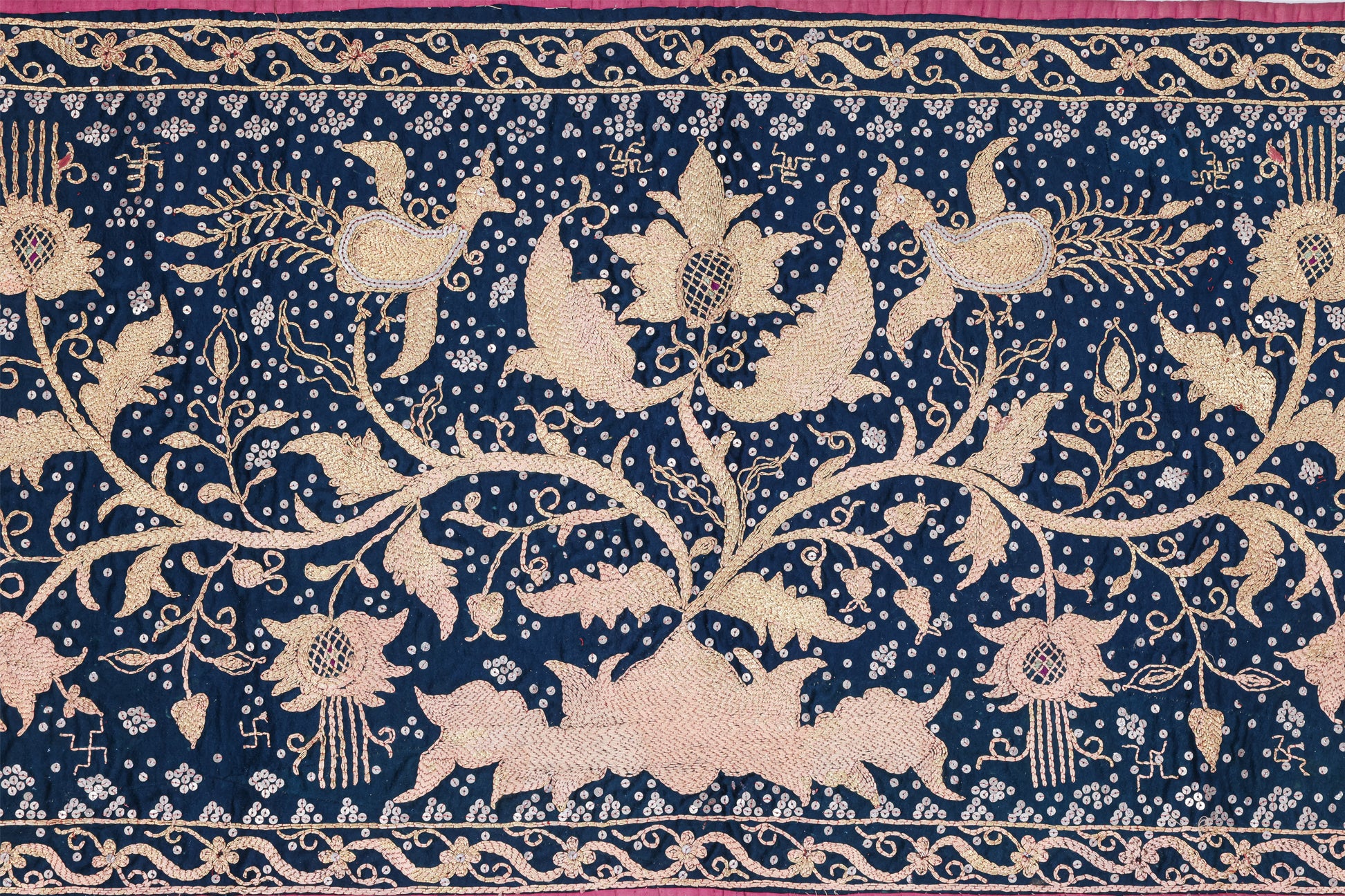 A PAIR OF GOLDWORK EMBROIDERED SILK PHOENIX AND PEONY PANELS