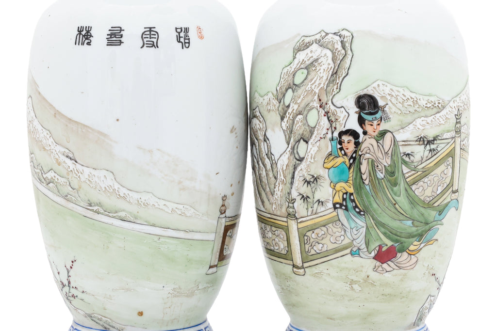 A PAIR OF WINTER SCENE DECORATED PORCELAIN VASES