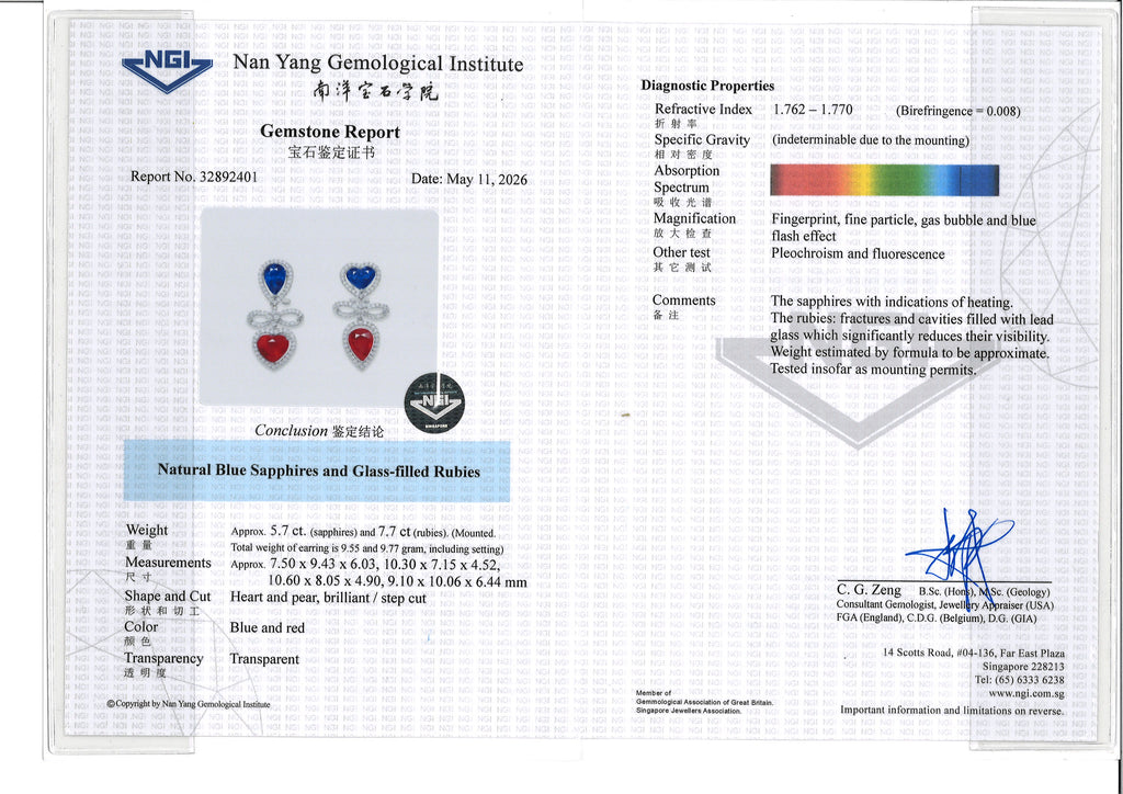 A PAIR OF BLUE SAPPHIRE AND GLASS-FILLED RUBIES EARRINGS