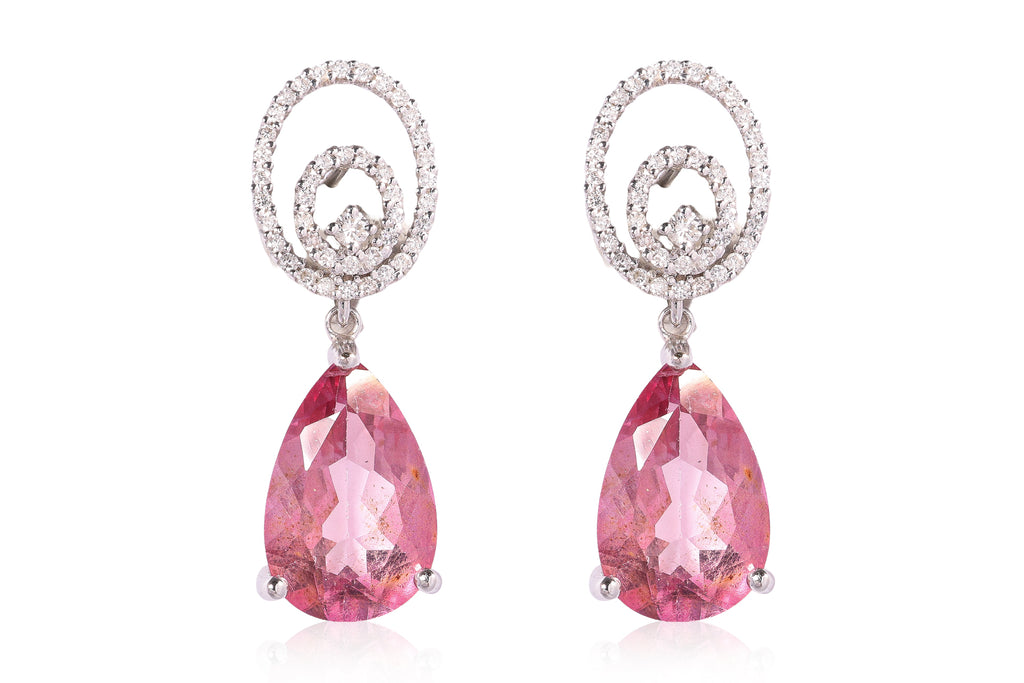 A PAIR OF COATED PINK TOPAZ AND DIAMOND EARRINGS